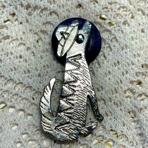 Cute Coyote Wearing Cowboy Hat Howling at Blue Moon Lapel Pin Brooch Silver